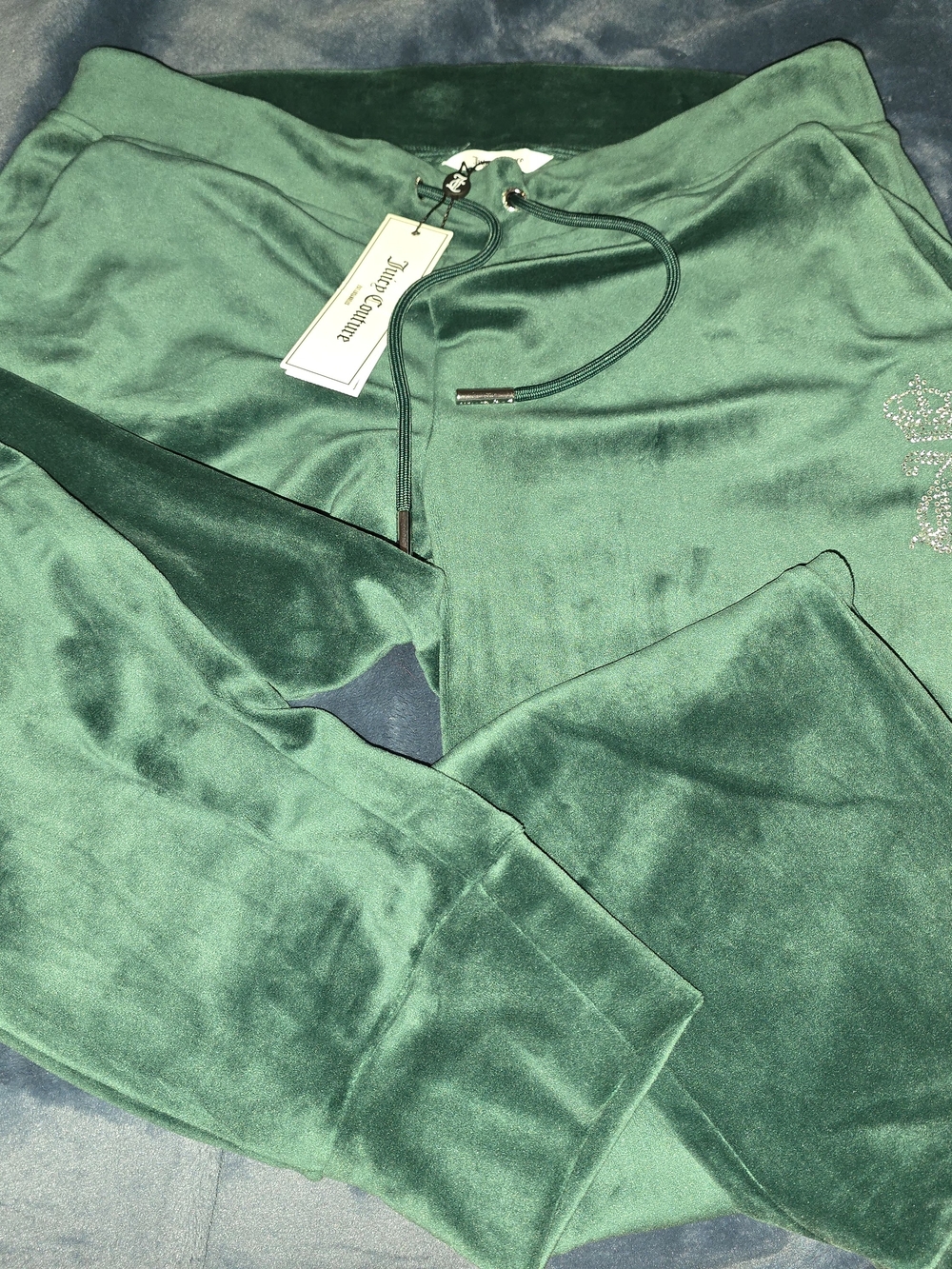Juicy Couture Forest Green Velour Tracksuit Bottom with Rhinestone Crown